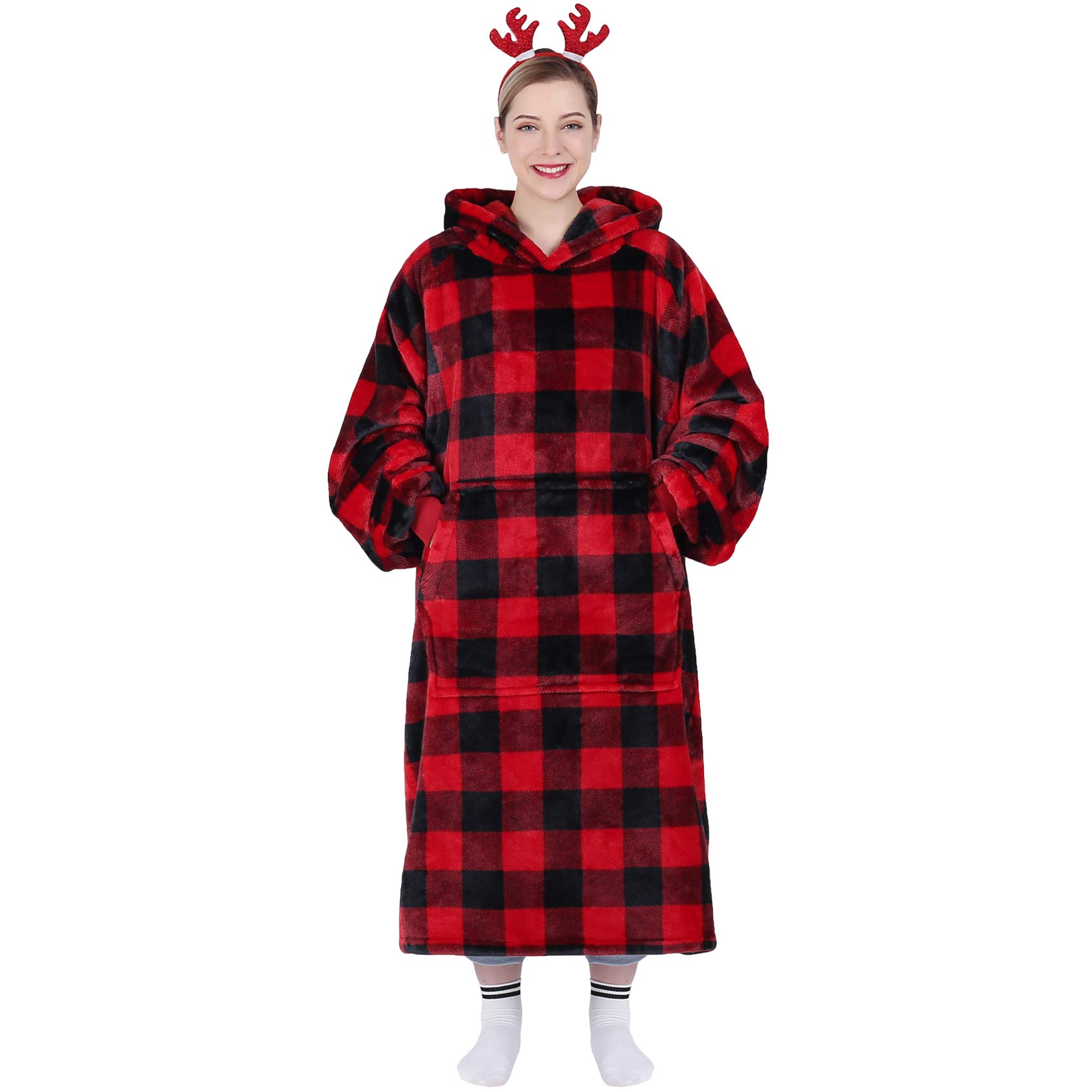 Waitu Wearable Blanket Hoodie Sweatshirt - Warm & Cozy Fleece-Lined Oversized Hooded Sweater for Women, Men, Adults & Kids - Red Black Plaid Flannel Lounge Wear - Perfect for Netflix Nights, Camping & Winter Relaxation
