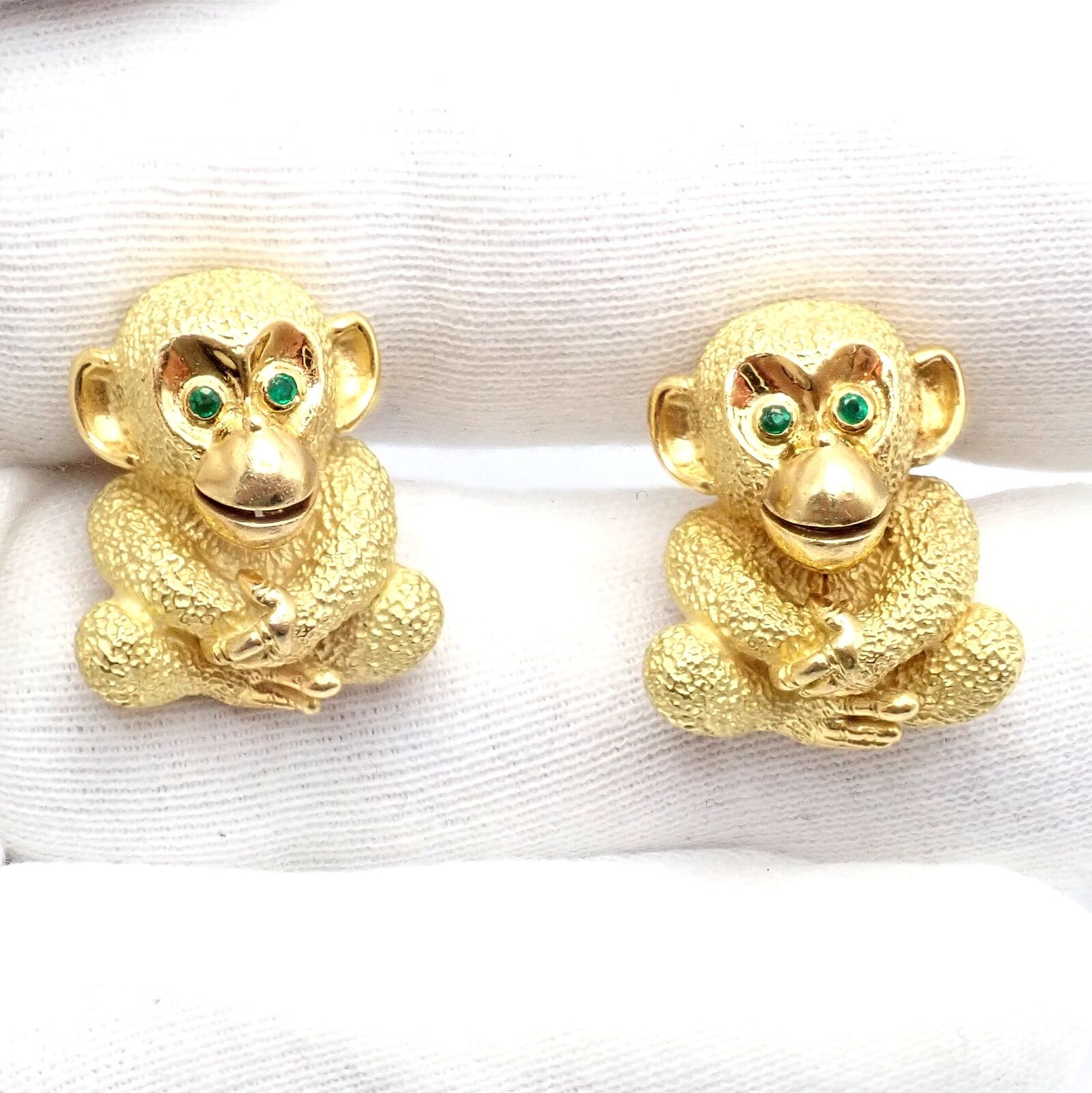 Authentic 18k Yellow Gold Emerald Whimsical Monkey Cufflinks by Kurt Wayne - Perfect for Weddings, Formal Events & Gift Giving
