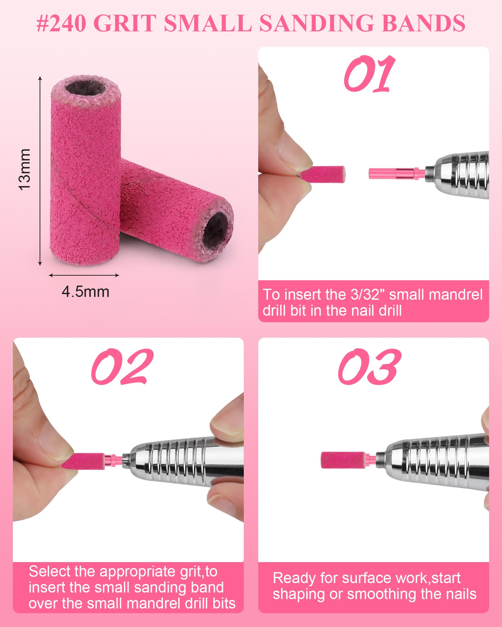 100 Pcs Mini Sanding Bands 240 Grit for Nail Drill - 3.1mm Mandrel Bit for Acrylic, Natural & Gel Nails - Rose Red | Perfect for Manicures, Pedicures & Nail Art at Home or Salon