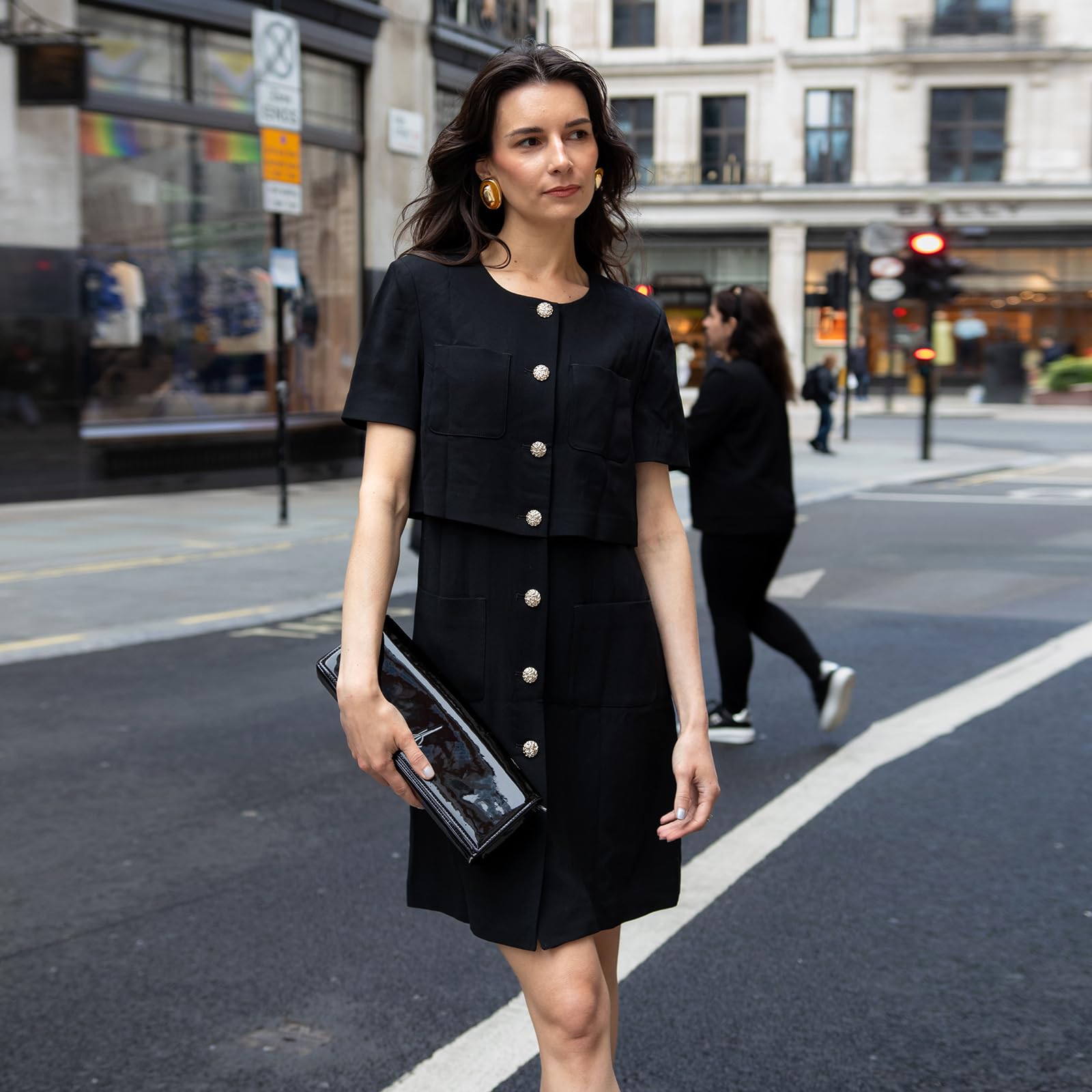 Women's Triacetate Black Mini Dress - Business Casual A-Line V-Neck Button Front Dress for Office Work & Teaching | Perfect for Professional Meetings, Office Parties & Smart Casual Events
