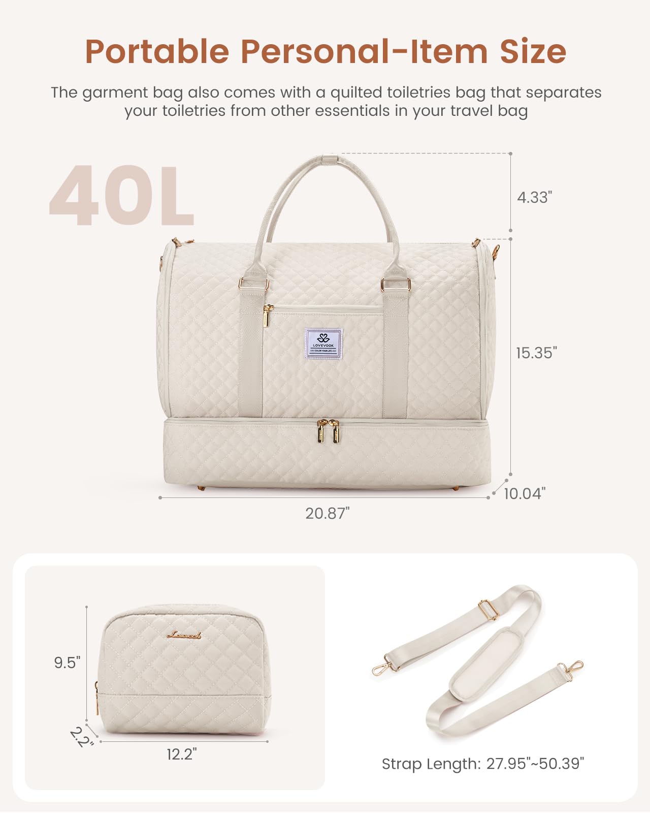 LOVEVOOK Convertible Garment Bag for Women with Shoe Compartment & Toiletry Pouch | 2-in-1 Hanging Suitcase & Travel Duffel Bag | Waterproof Carry-On Weekender Bag for Business Trips, Weddings, Vacations | Perfect for Business Travel, Formal Events & Weekend Getaways (Beige)