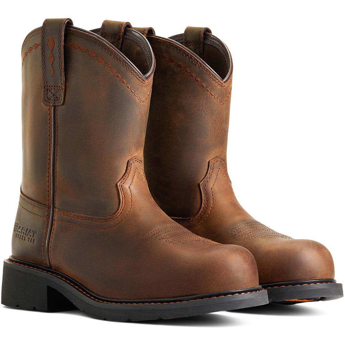 Fatbaby Work Women's Pull-On Steel Toe Work Boots - Brown Safety Shoes for Construction, Warehouse & Outdoor Work