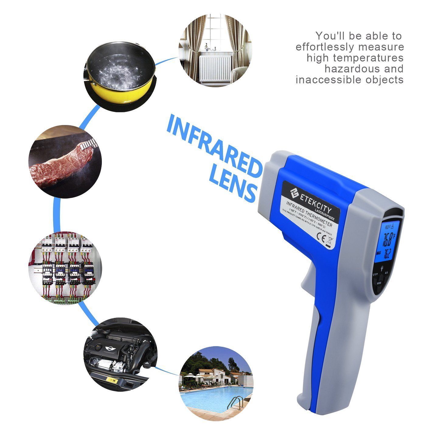 Etekcity Infrared Thermometer Gun -58°F to 1022°F (-50°C to 550°C) with Adjustable Emissivity, Non-Contact Digital Laser Temperature Gun for Cooking, HVAC, Automotive, Industrial Use - Perfect for Grilling, Meat, Refrigerator, Pool and Oven Temperature Monitoring (Blue)