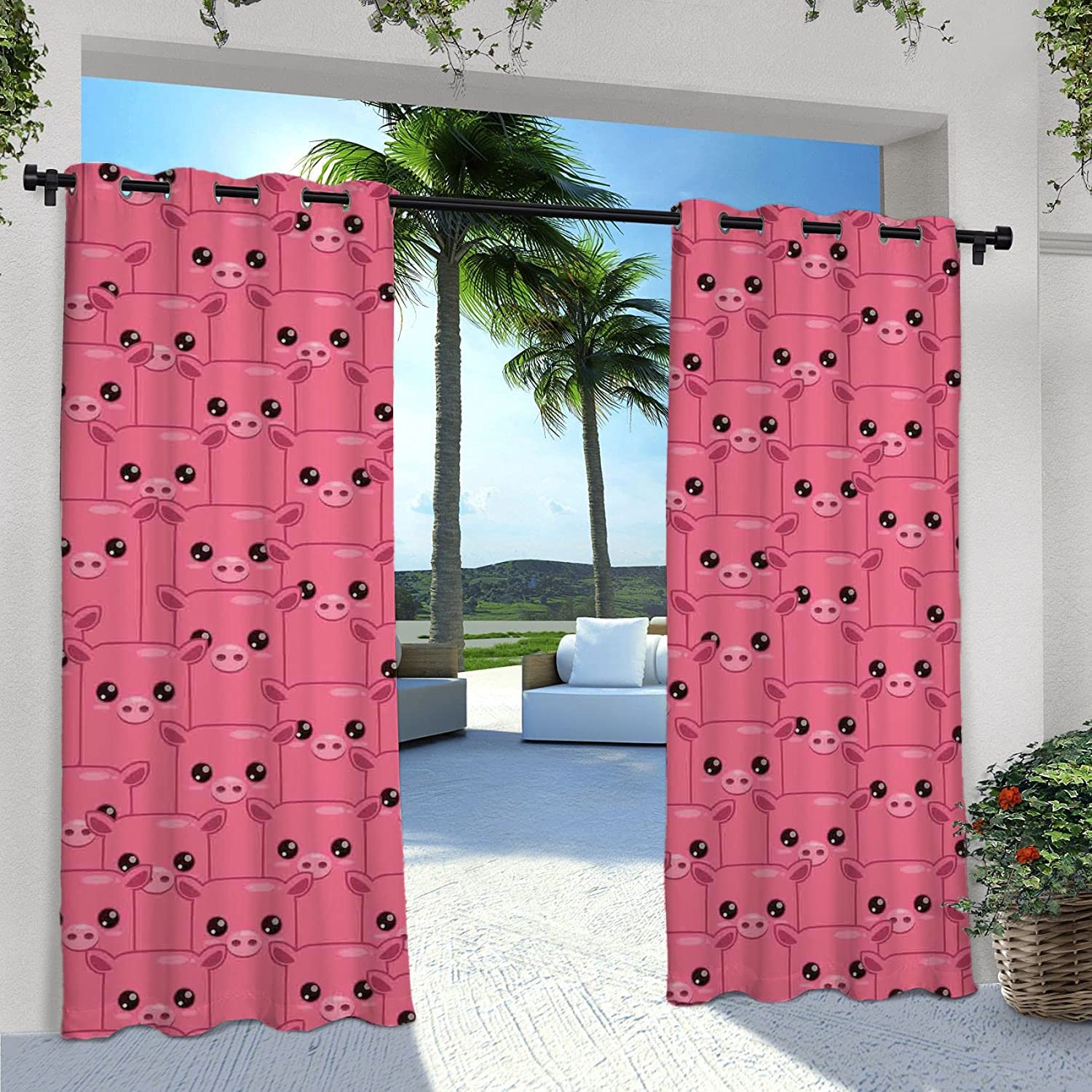 Waterproof Outdoor Curtains with Smiling Pig Pattern - UV & Fade Resistant Patio Curtains for Gazebo, Porch, or Backyard Decor - Perfect for Farmhouse, Animal Theme, and Rustic Outdoor Spaces