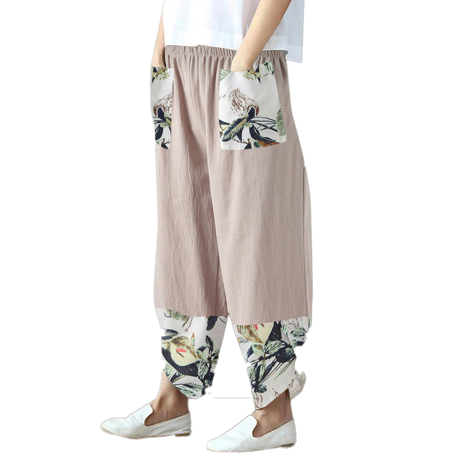 Women's Summer Harem Pants - Cotton Linen Blend Casual Wide Leg Cropped Pants with Spliced Design | Perfect for Beach, Yoga, and Boho Fashion Outfits