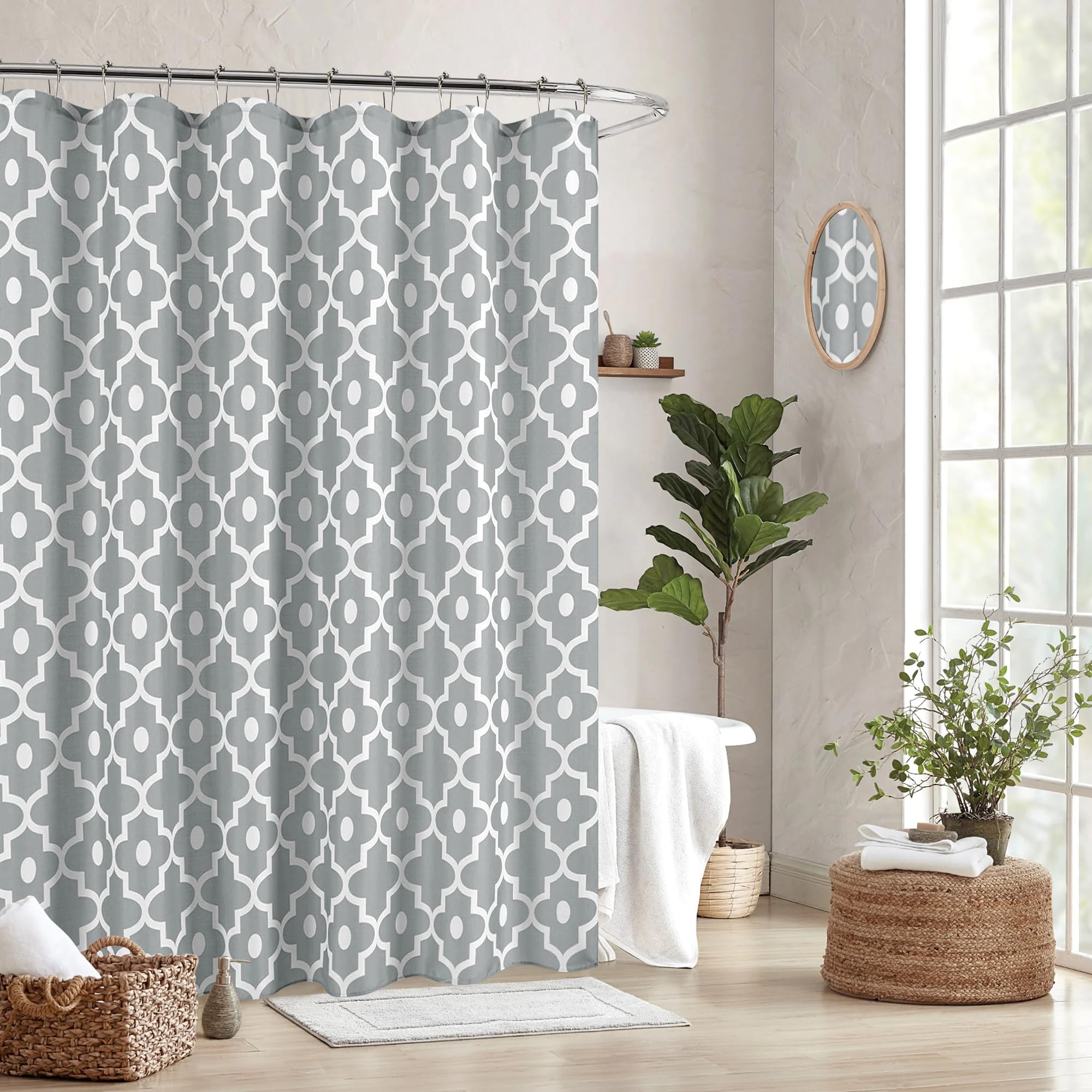 Biscaynebay Textured Fabric Shower Curtain 72x72 Inches - Silver Grey Morocco Pearl Printed Linen Bath Curtain for Modern Luxury Bathroom | Hotel Quality, Machine Washable | Perfect for Spa, Master Bath & Guest Room Decor