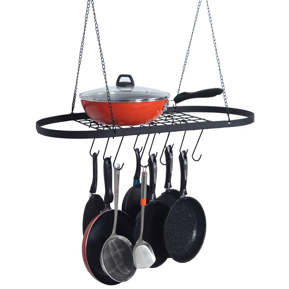 Sturdy Ceiling Mounted Pot and Pan Rack with Hooks - Decorative Oval Cookware Storage Organizer for Kitchen - Perfect for Small Spaces, RV, and Apartment Kitchens