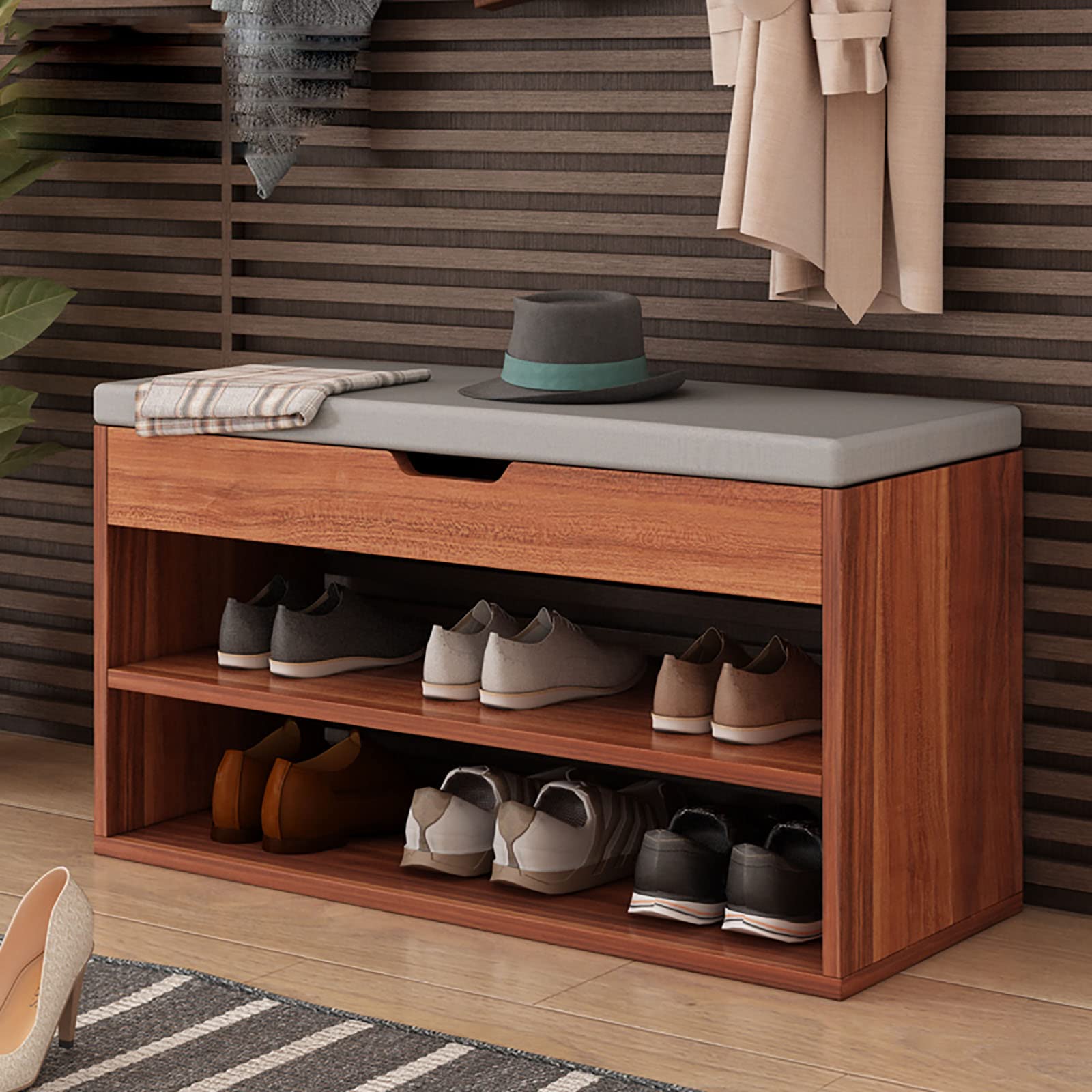 GPAIHOMRY Shoe Storage Bench - 60 x 28 x 44CM Entryway Shoe Organizer with Seat, Walnut Shoe Cabinet for Hallway, Living Room & Bedroom - Perfect for Small Spaces & Home Organization