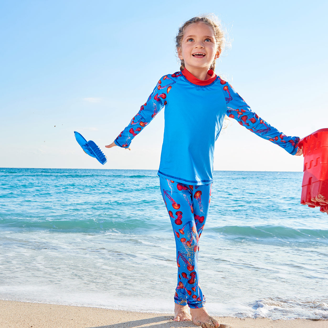 Red Jellyfish Rash Guard Top UPF 50+ Sun Protection Swim Shirt for Men & Women - Perfect for Swimming, Surfing, and Beach Activities