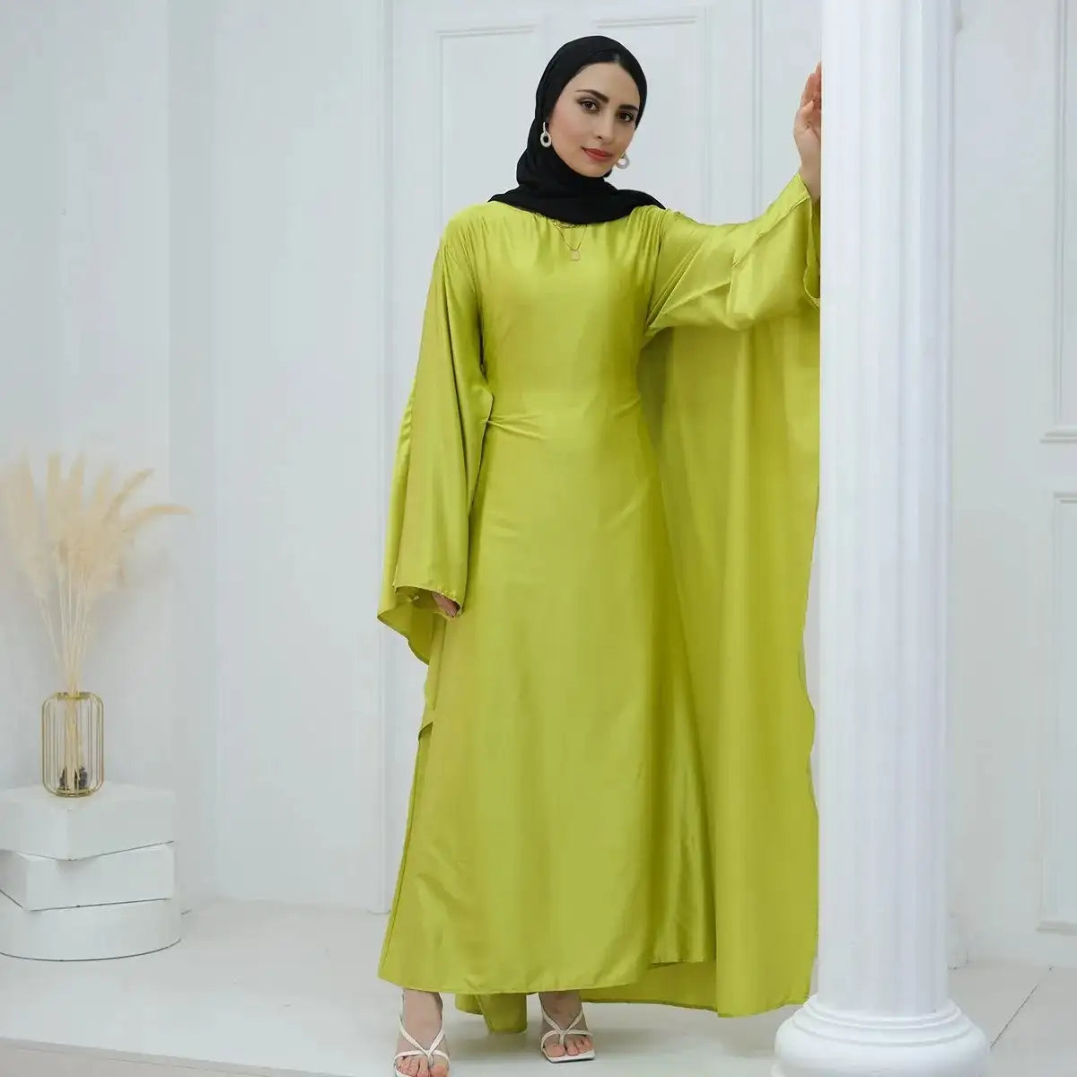 Elegant Butterfly Batwing Sleeve Satin Farasha Abaya Dress with Inner Belt - Modest Muslim Women's Prayer Dress for Special Occasions & Evening Events