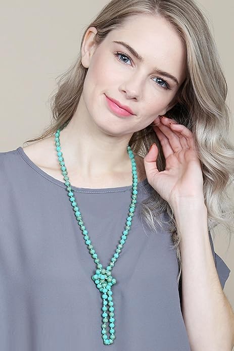 Q&D&S Turquoise Necklace - Round Stone Beads Chunky Fashion Jewelry for Women, Boho Cross Pendant Meditation Necklace - Perfect for Yoga, Spiritual Healing & Everyday Boho Style