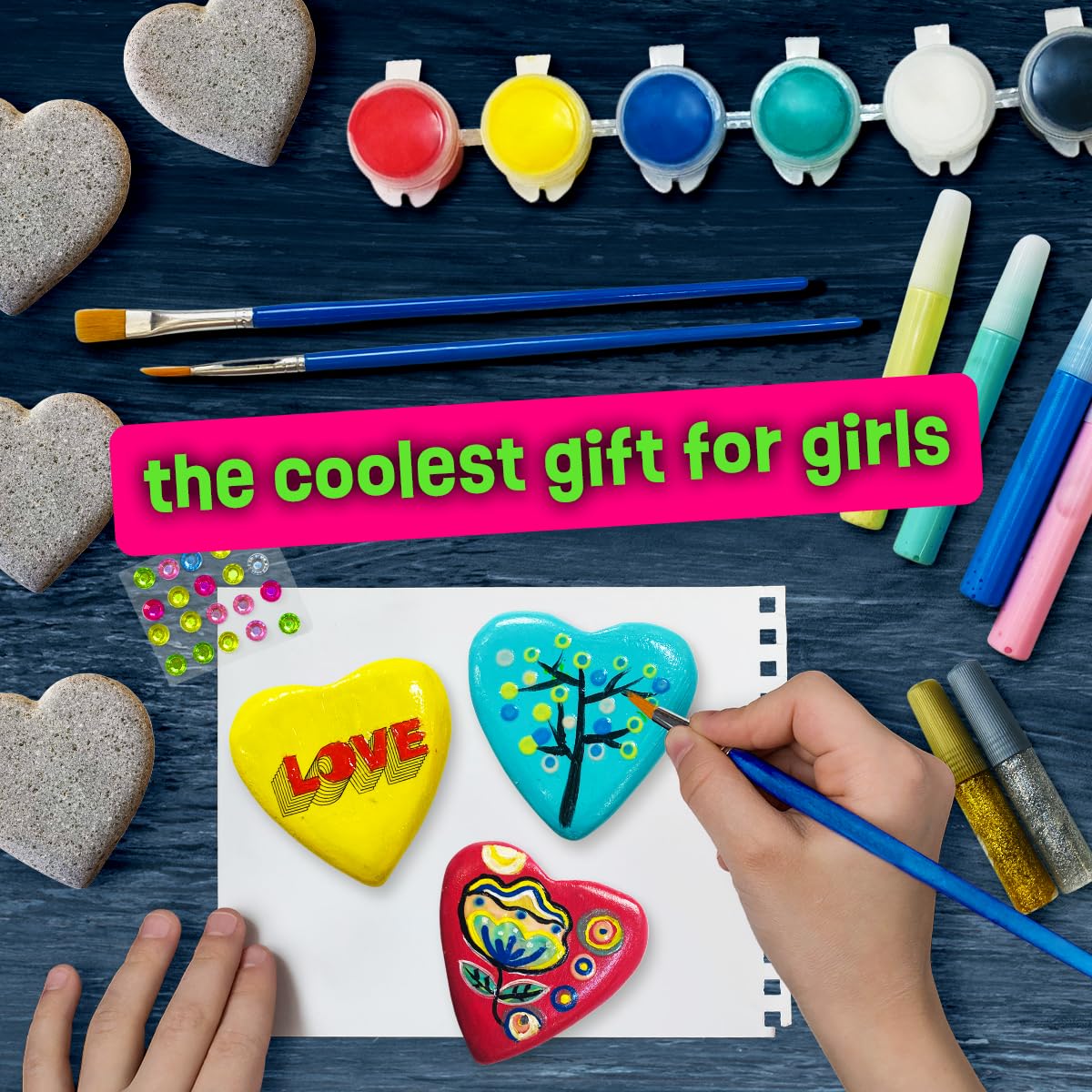 Glow in The Dark Hearts Rock Painting Kit - Arts and Crafts for Kids Ages 4-12 - Creative DIY Art Toys for Girls & Boys - Perfect for Easter, Birthday Gifts & Indoor Activities - Fun Craft Kits for 5 6 7 8 9 10 11 12 Year Old Children - Great for Party Favors, Classroom Projects & Family Bonding Time