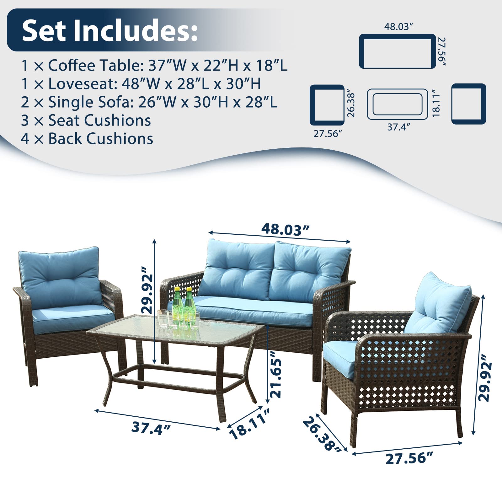 4-Piece Outdoor Wicker Patio Conversation Set with Loveseat, Coffee Table & Chairs - Navy Blue Rattan Furniture for Lawn, Deck, Balcony, Backyard - Perfect for Relaxing, Entertaining & Outdoor Gatherings