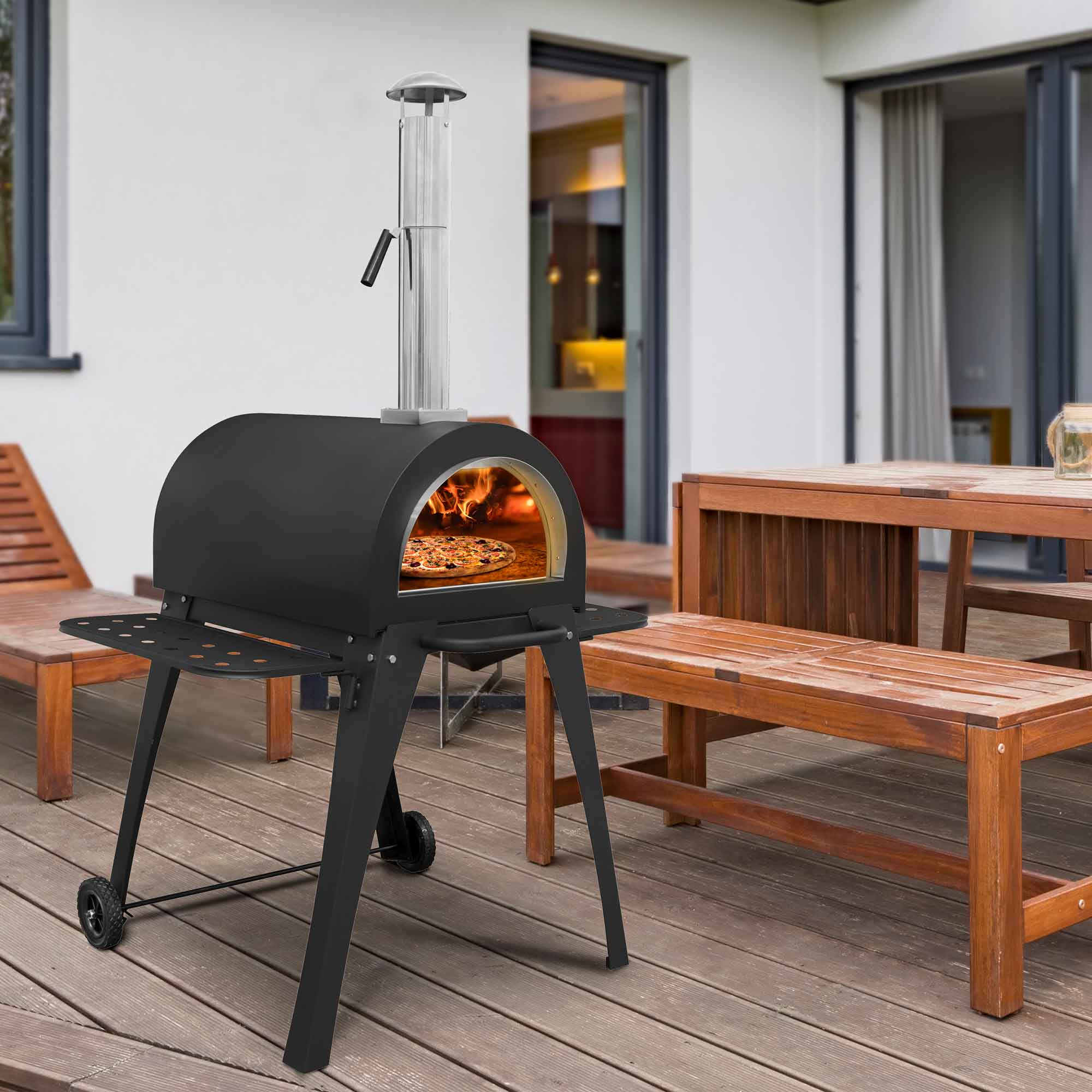 Premium Freestanding Outdoor Wood Fired Pizza Oven & Smoker with Side Shelves & Stand - Perfect for Backyard BBQs, Camping, and Outdoor Cooking - DG103