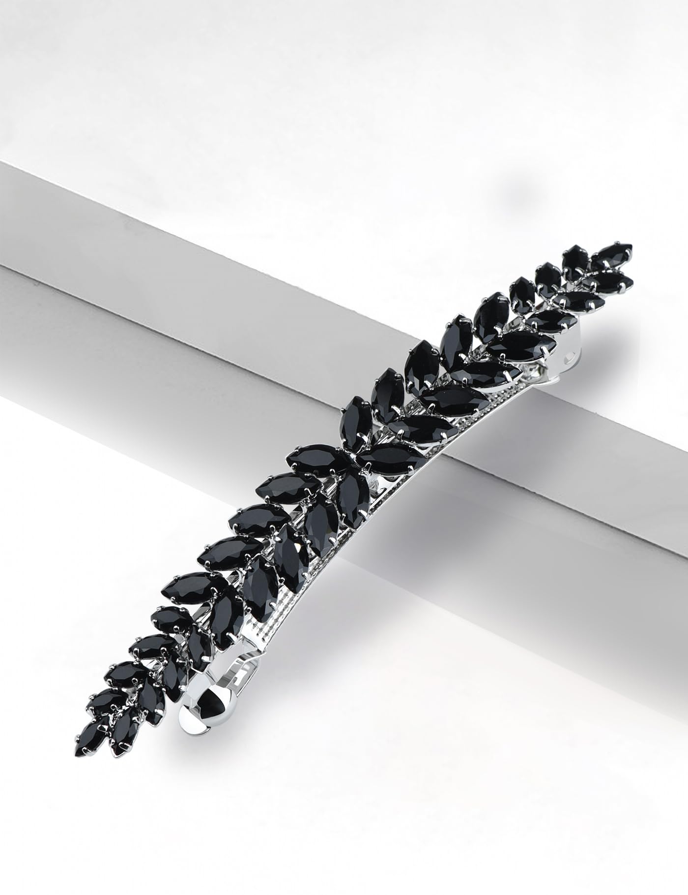 Sparkly Crystal Flower Leaf Hair Barrette Clips for Women - Elegant Bridal Wedding Prom Party Hair Accessories (Black) | Perfect for Special Occasions & Everyday Wear