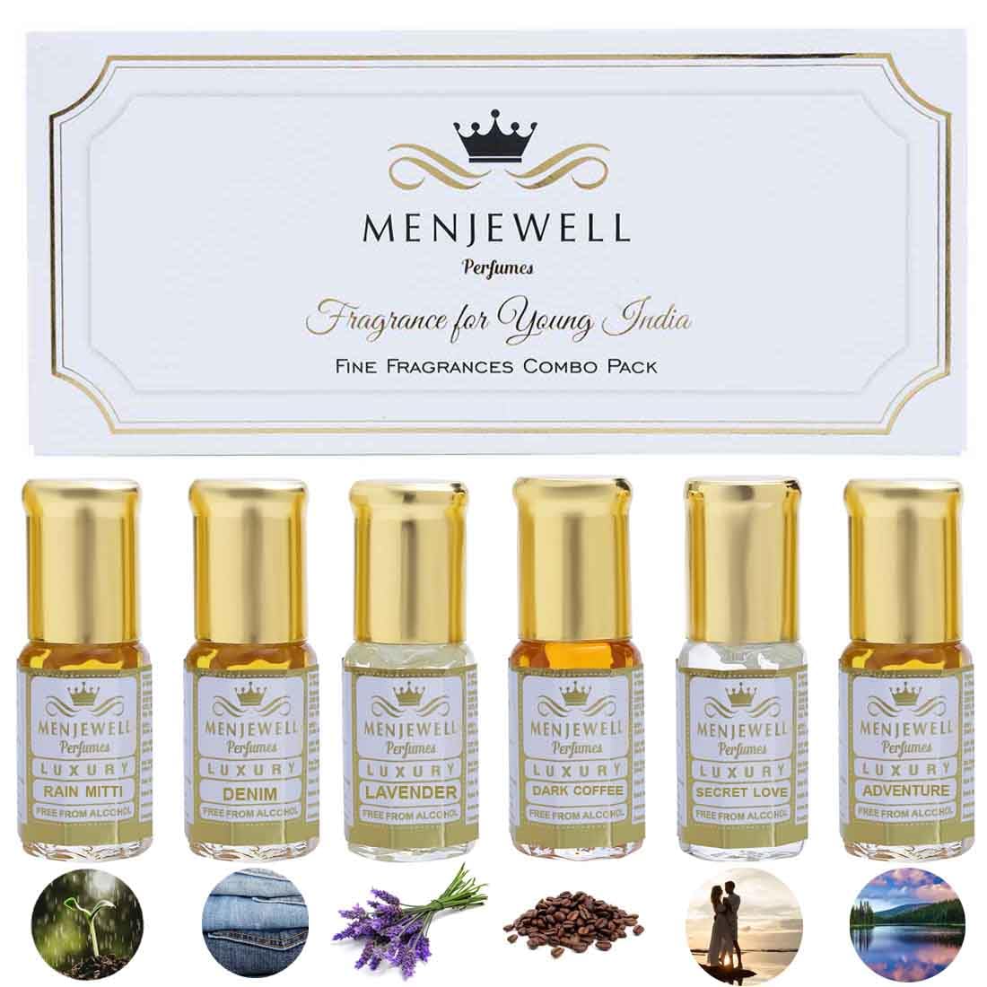 Menjewell 6-Piece Attar Gift Set for Couples - Floral Fragrance Perfume Oils for Men & Women (6 x 3ml) | Romantic Gift Idea for Him & Her | Perfect for Anniversaries, Weddings & Special Occasions