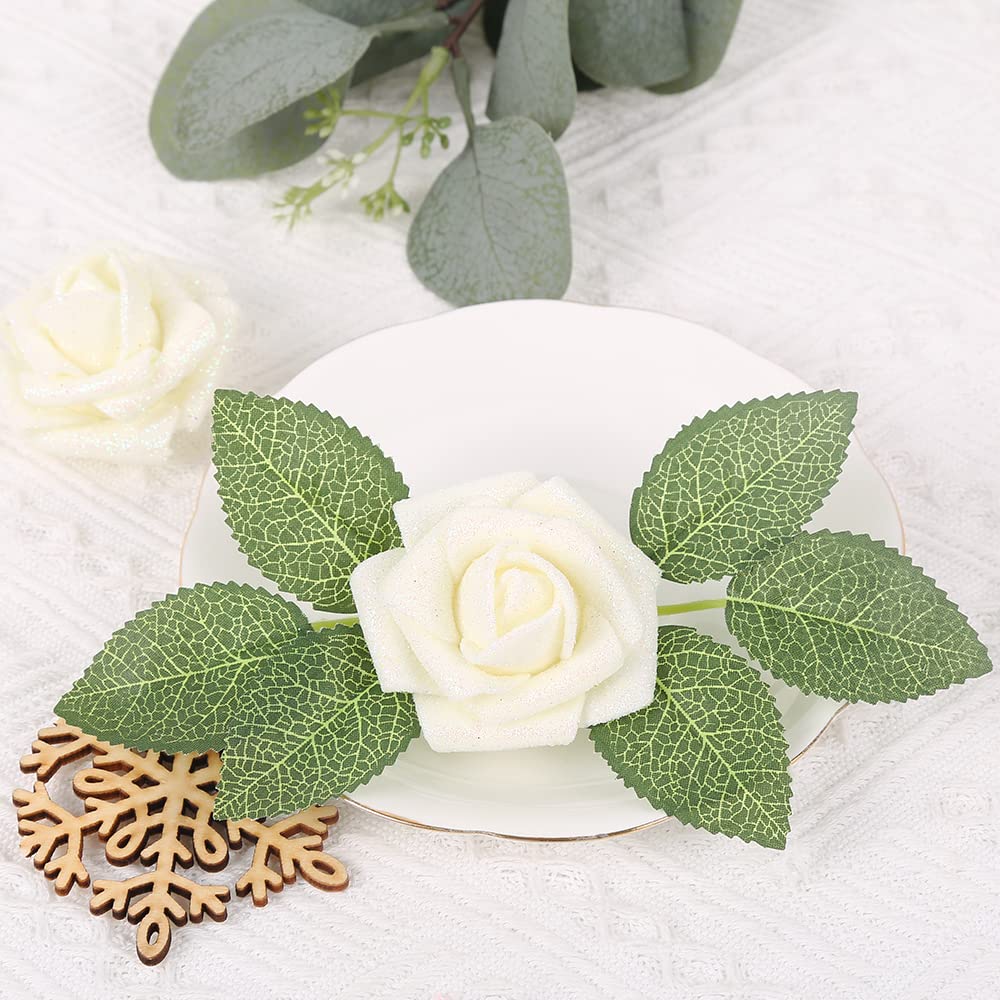 25pcs IPOPU Glitter Foam Roses with Stems - DIY Wedding Bouquet, Bridal Shower, Home Party Decorations (Ivory) - Perfect for Centerpieces, Table Arrangements & Craft Projects