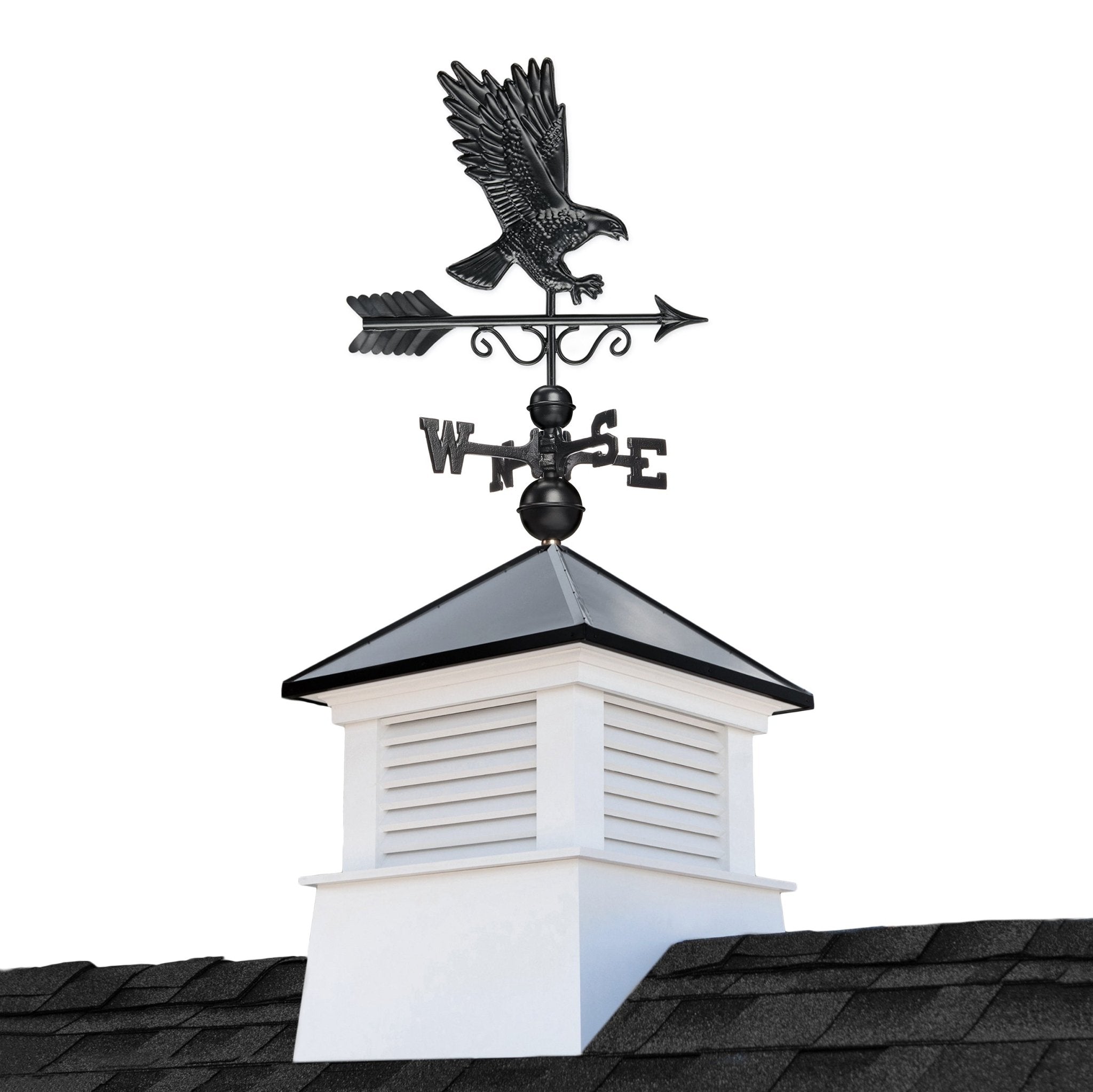 18 Square Manchester Vinyl Cupola with Black Aluminum Roof & Eagle Weathervane - Perfect for Barn, Shed, or Garage Roof Ventilation & Decoration