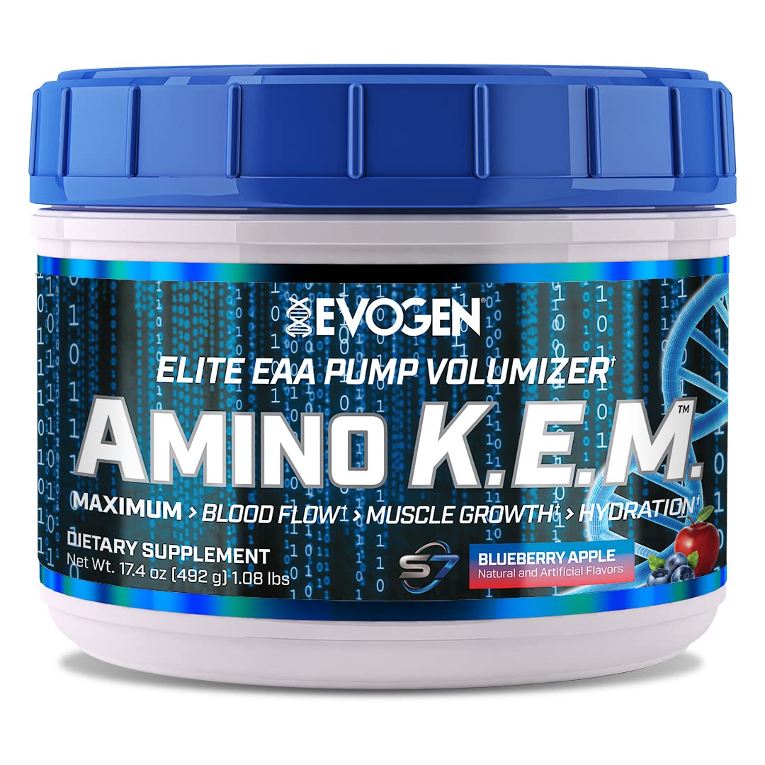 Evogen Amino K.E.M. - EAA & BCAA Powder Pump Volumizer | Essential Amino Acids Supplement for Muscle Growth, Hydration & Blood Flow | Blueberry Apple Flavor | 30 Servings | Pre-Workout & Post-Recovery Drink for Athletes & Fitness Enthusiasts