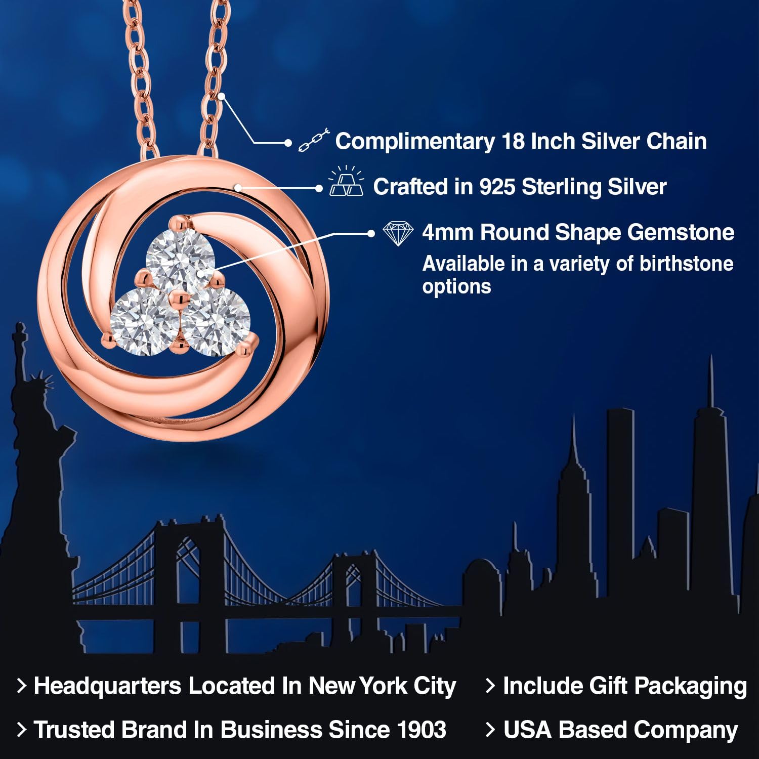Gem Stone King 18K Rose Gold Plated Sterling Silver 4MM Round Birthstone Pendant Necklace for Women - 3 Stone Circle Design with 18 Inch Chain | Perfect Gift for Birthday, Anniversary & Mother's Day | Elegant Jewelry for Everyday Wear & Special Occasions