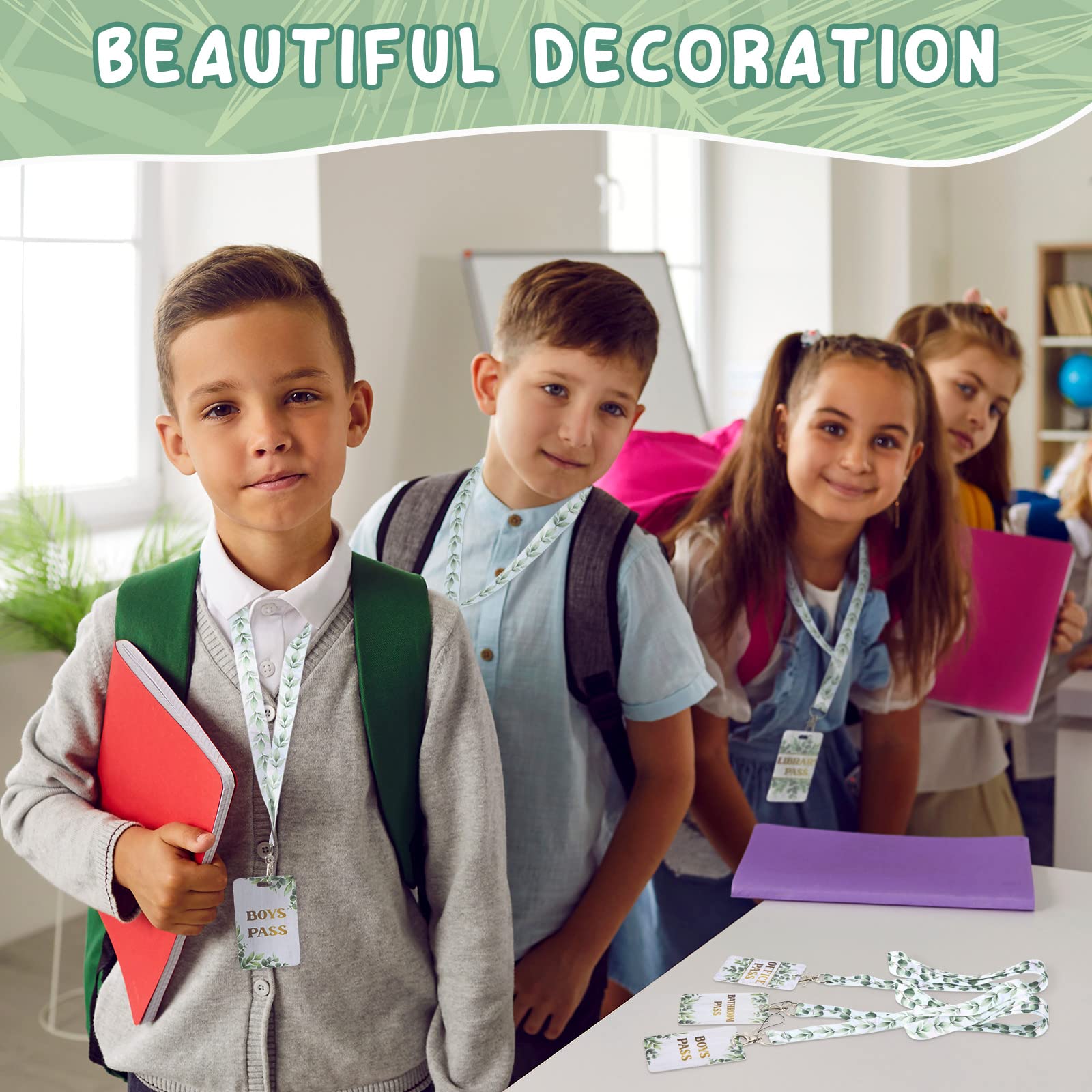 Unbreakable 8-Pack School Lanyards - Eucalyptus Style for Classroom, Bathroom & Office Use