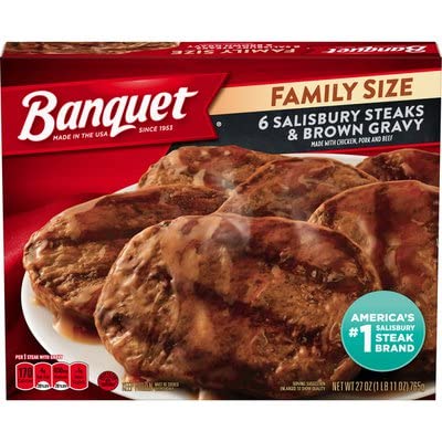 Banquet Family Size Salisbury Steak with Brown Gravy - 6 Pack (27 oz Each) | Chicken, Pork & Beef Blend | Ready-to-Eat Frozen Meal | Perfect for Quick Dinners, Family Meals & Emergency Food Supply