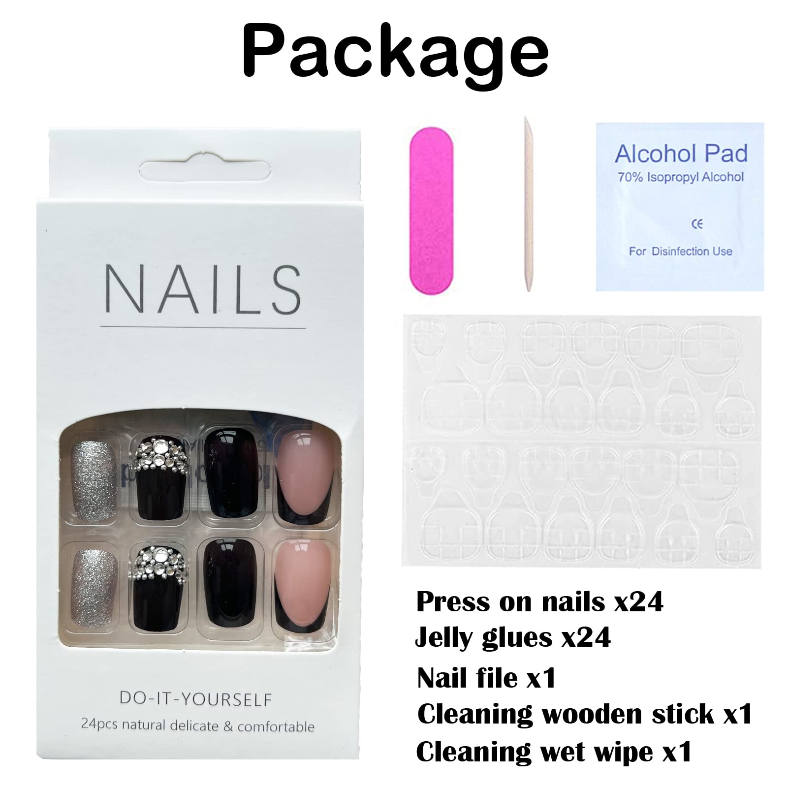 Black Silver Glitter Diamond French Press On Nails - Medium Long Square Acrylic Fake Nails Set with Nail Glue | Full Cover Reusable Stick On Nails for Women & Girls | Perfect for Parties, Weddings & Special Occasions