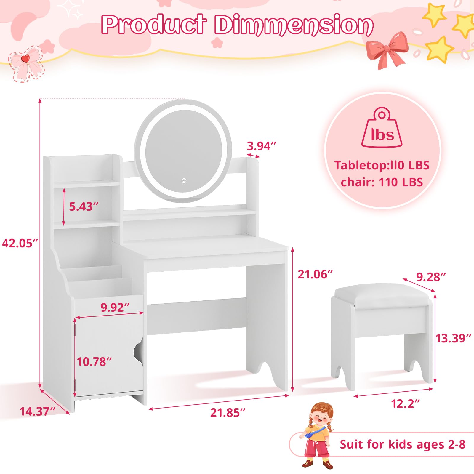 Vabches Kids Vanity Set with LED Lights - Princess Makeup Vanity Desk with Bookshelf, Storage Cabinet & Shelves - Toddler Vanity Table & Chair Set - Pretend Play Dress Up Toy for Little Girls (White) - Perfect for Bedroom Decor & Imaginative Play