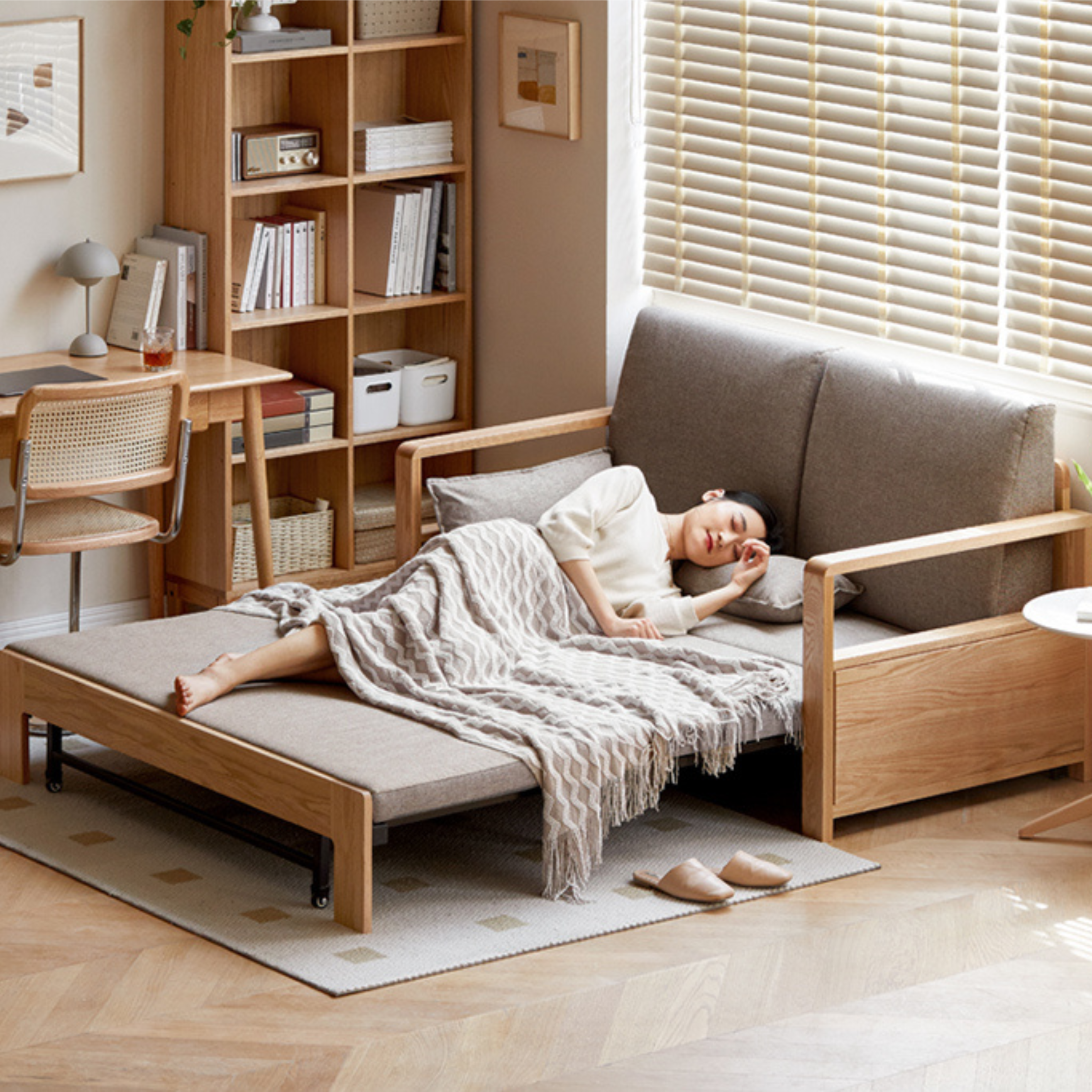 Solid Oak Wood Sofa Bed - Modern Multifunctional Convertible Sleeper for Small Spaces | Living Room, Guest Room & Studio Apartment Furniture