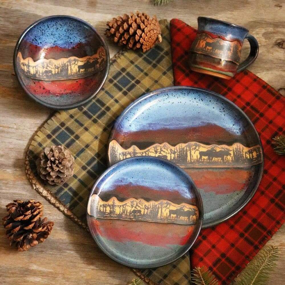 Forest Moose Pottery Dinnerware Set - Handcrafted Ceramic Plates, Bowls & Mugs for Rustic Home Dining - Perfect for Farmhouse Kitchens, Camping & Outdoor Entertaining