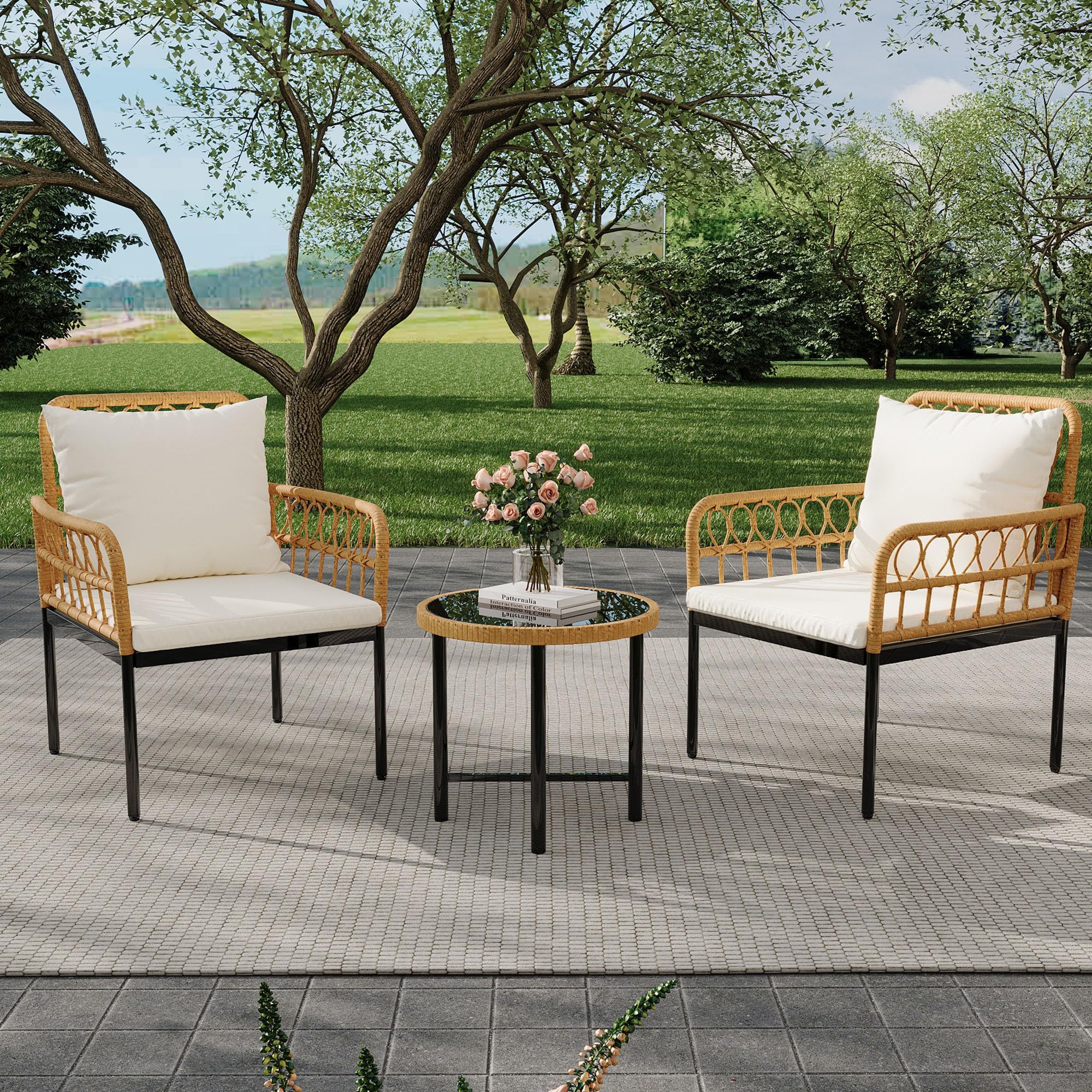 GARVEE 3-Piece All-Weather Wicker Patio Bistro Set with Glass Top Coffee Table & Cushioned Chairs - Boho Outdoor Furniture for Backyard, Garden, Balcony, Poolside - Perfect for Relaxing, Entertaining & Outdoor Dining (Beige)