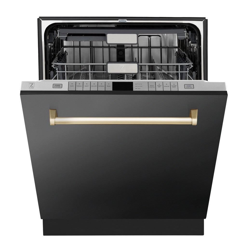 ZLINE Autograph Edition 24 Inch Black Stainless Steel Dishwasher with Polished Gold Handle - 45dBA Ultra Quiet, 3rd Rack & Top Touch Control - Perfect for Modern Kitchens and Open Concept Homes (Model DWMTZ BS 24 G)