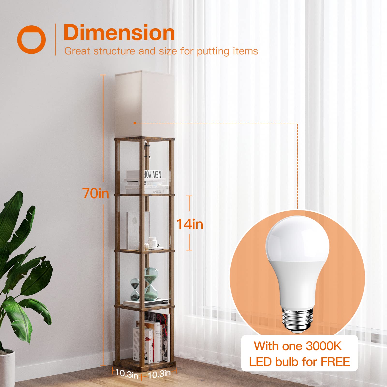Addlon 5-Tier Modern Shelf Floor Lamp with 3CCT LED Bulb - Adjustable Brightness Wooden Display Lamp for Living Room, Bedroom, Office - Brown - Perfect for Reading, Decor & Small Space Storage