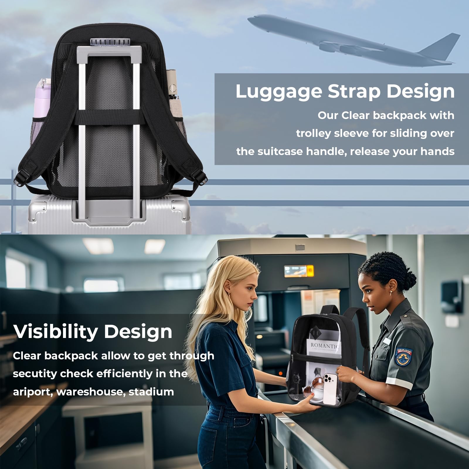 Clear Heavy Duty Transparent Backpack - PVC & Fabric See-Through Book Bag for Work, School, Security Check & Concerts | TSA & Stadium Approved | Perfect for College, Travel & Events (Black)