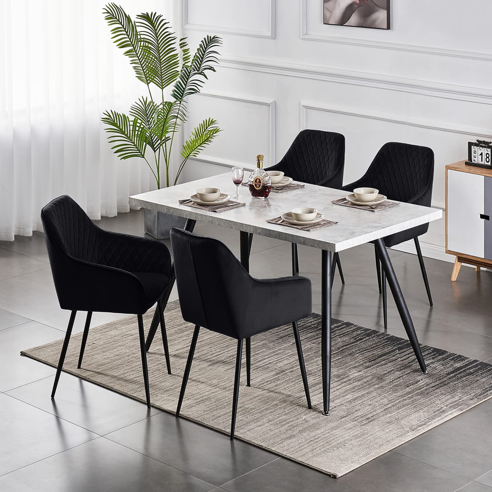 Modern Velvet Upholstered Dining Chairs Set of 2 - Black High Back Kitchen Chairs with Metal Legs & Arms for Dining Room, Breakfast Nook, or Home Office