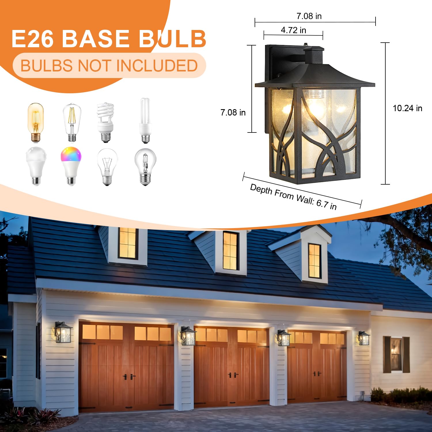 2 Pack Dusk to Dawn Outdoor Porch Lights - Black Exterior Wall Light Fixtures with Photocell Sensor & Clear Seeded Glass - Weatherproof Carriage Lights for House, Patio, Garage, Yard (Perfect for Entryways, Driveways & Outdoor Security Lighting)