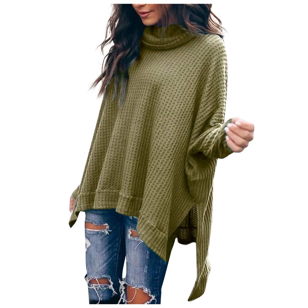Eduavar Women's Oversized Turtle Cowl Neck Long Batwing Sleeve Waffle Knit Pullover Sweater - Loose Fit High Low Hem Casual Top for Fall & Winter | Cozy Lounge Wear, Office Outfit, Street Style Fashion