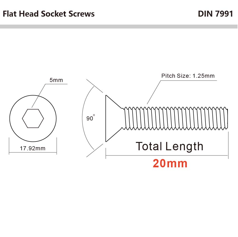Grade 10.9 Alloy Steel M8-1.25x20mm Flat Head Socket Screws - 25PCs for Furniture & Machinery Assembly