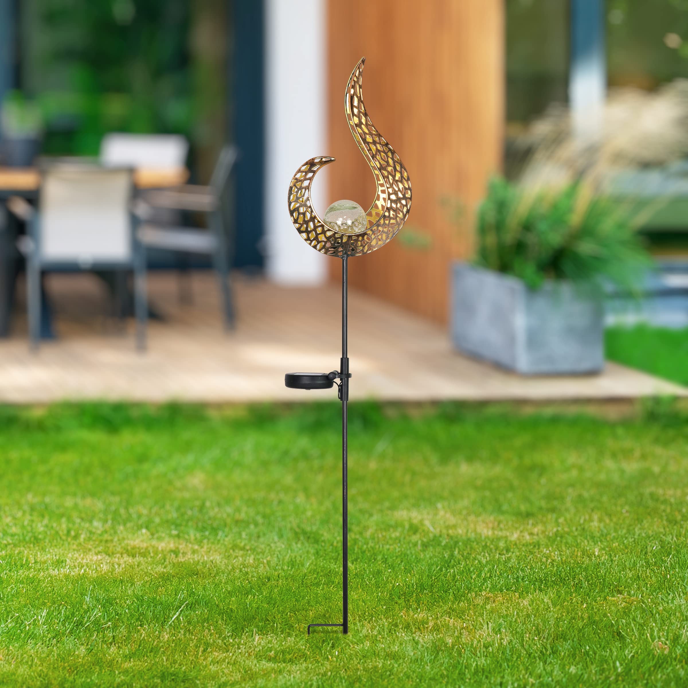 Exhart Solar Garden Lights - Half Flame Metal Filigree Torch Stake with Flickering LED Crackle Glass Ball - Outdoor Solar Decor (6.5 x 3 x 35.5 Inch) for Patio, Yard, Pathway & Landscape Lighting