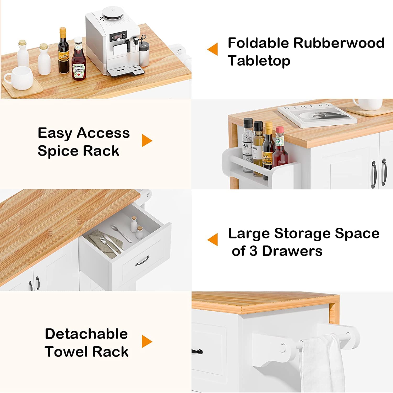 White Kitchen Island Cart with Storage - Mobile Kitchen Island with Drop Leaf, 2 Doors, 3 Drawers, Spice Rack & Towel Rack - Wood Table Top & Seating - Perfect for Small Kitchens, Breakfast Nooks & Food Prep Areas