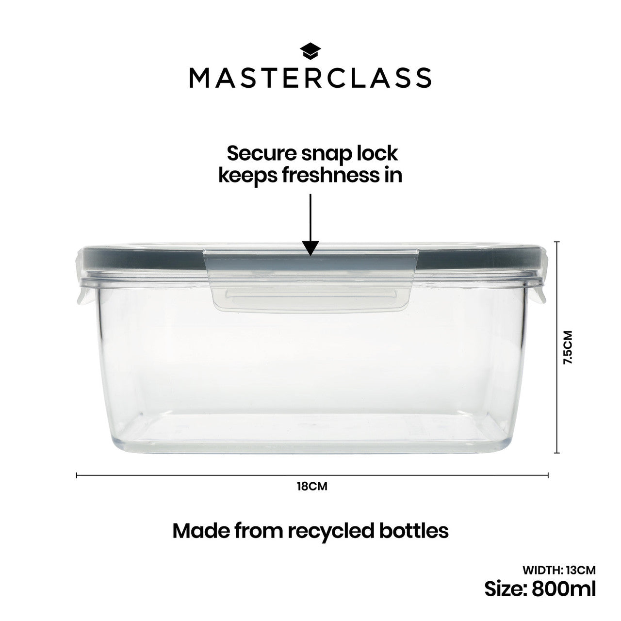 Eco-Friendly 800ml Rectangular Food Storage Container with Snap Lid - Perfect for Meal Prep, Leftovers & Pantry Organization | BPA-Free & Leak-Proof | MasterClass Kitchen Essentials