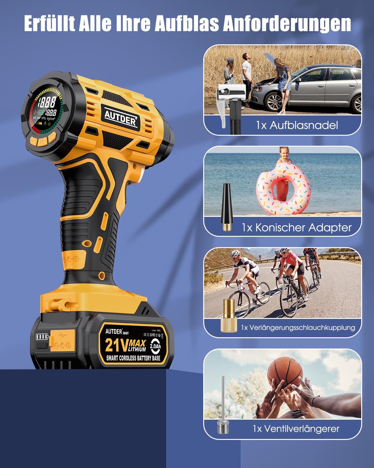 AUTDER Portable Air Compressor, Cordless Tire Inflator 180 PSI with Dual Power Source, 21V Battery/12V DC, Digital Pressure Gauge, Auto Shut-Off - Perfect for Cars, SUVs, Bikes & Inflatables On The Go (Yellow-Black)