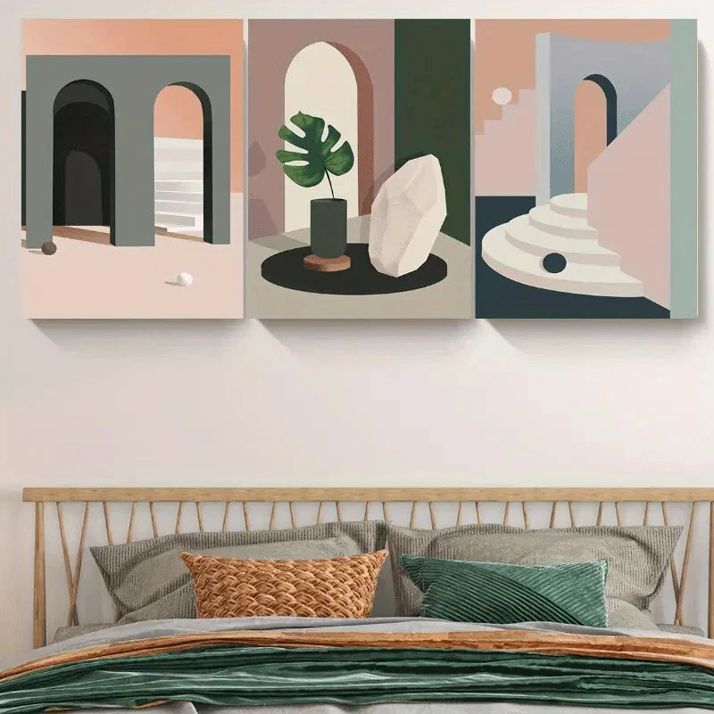 3pcs Abstract Green Leaf Geometric Metal Wall Art Prints - Ready to Hang Modern Home Decor for Living Room, Bedroom & Office