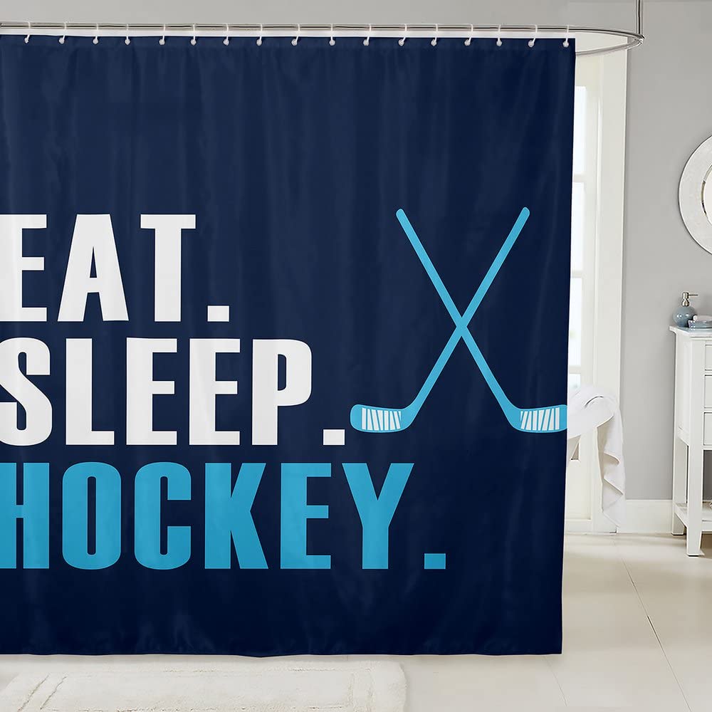 Ice Hockey Shower Curtain Set - 72x72 Inch Sports Theme Bathroom Decor for Men & Women - Blue Hockey Player Design with 'Eat Sleep Hockey' Print - Perfect for Hockey Fans, Winter Sports Enthusiasts, and Game Room Bathroom Accessories