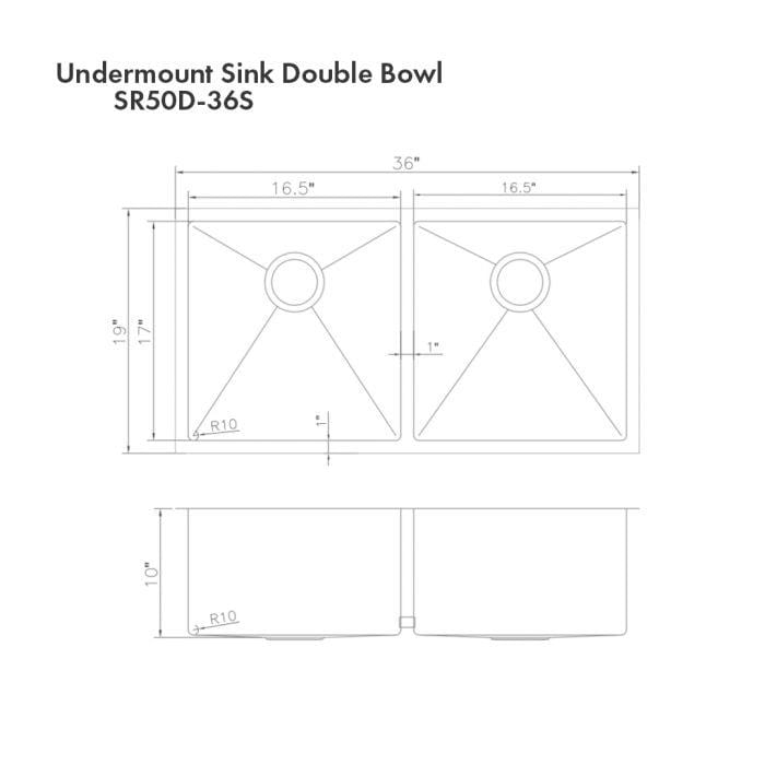 ZLINE Anton 36-Inch Undermount Double Bowl Kitchen Sink - Premium DuraSnow® Stainless Steel (SR50D 36S) for Modern Farmhouse & Commercial Kitchens