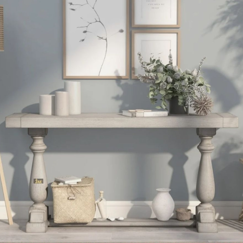 French Provincial Style Grey Wooden Pillar Console Table - Elegant Entryway & Hallway Decor for Home & Office
