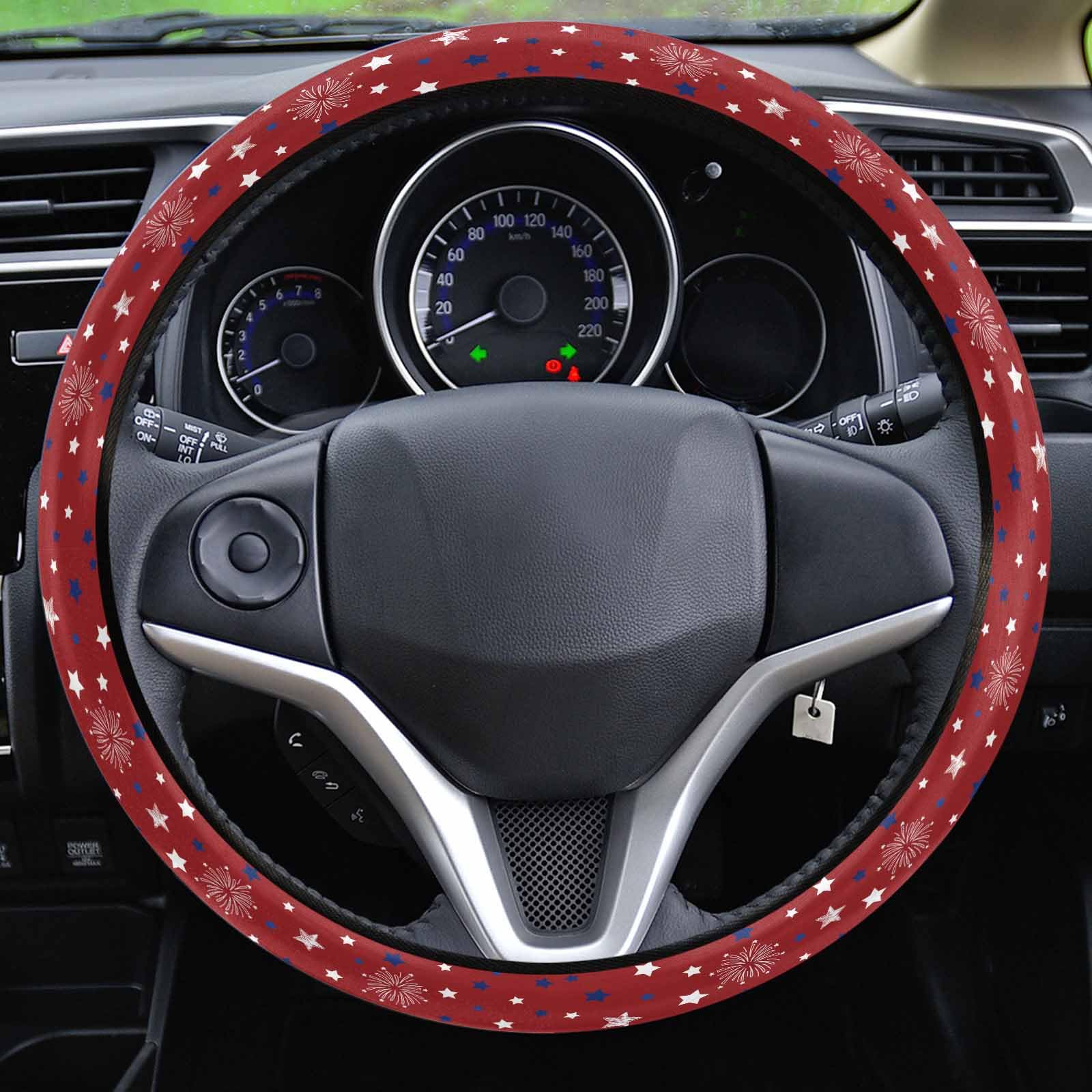 4th of July Patriotic Steering Wheel Cover - Blue White Star Firework Design, Elastic Sponge Grip, Non-Slip Protection for Cars, SUVs, Trucks & Vans | Perfect for Independence Day Decor & Safe Driving