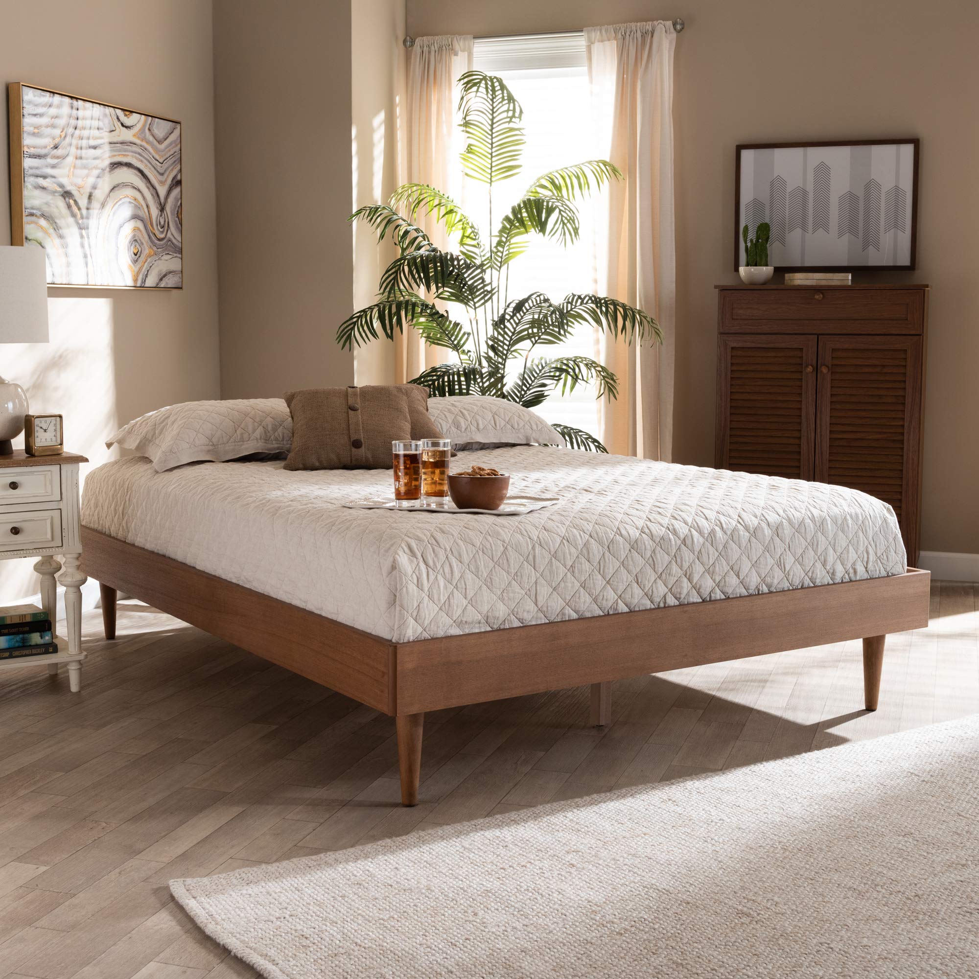 Baxton Studio Queen Size Platform Bed Frame in Ash Walnut - Modern Minimalist Bedroom Furniture for Small Spaces & Apartments