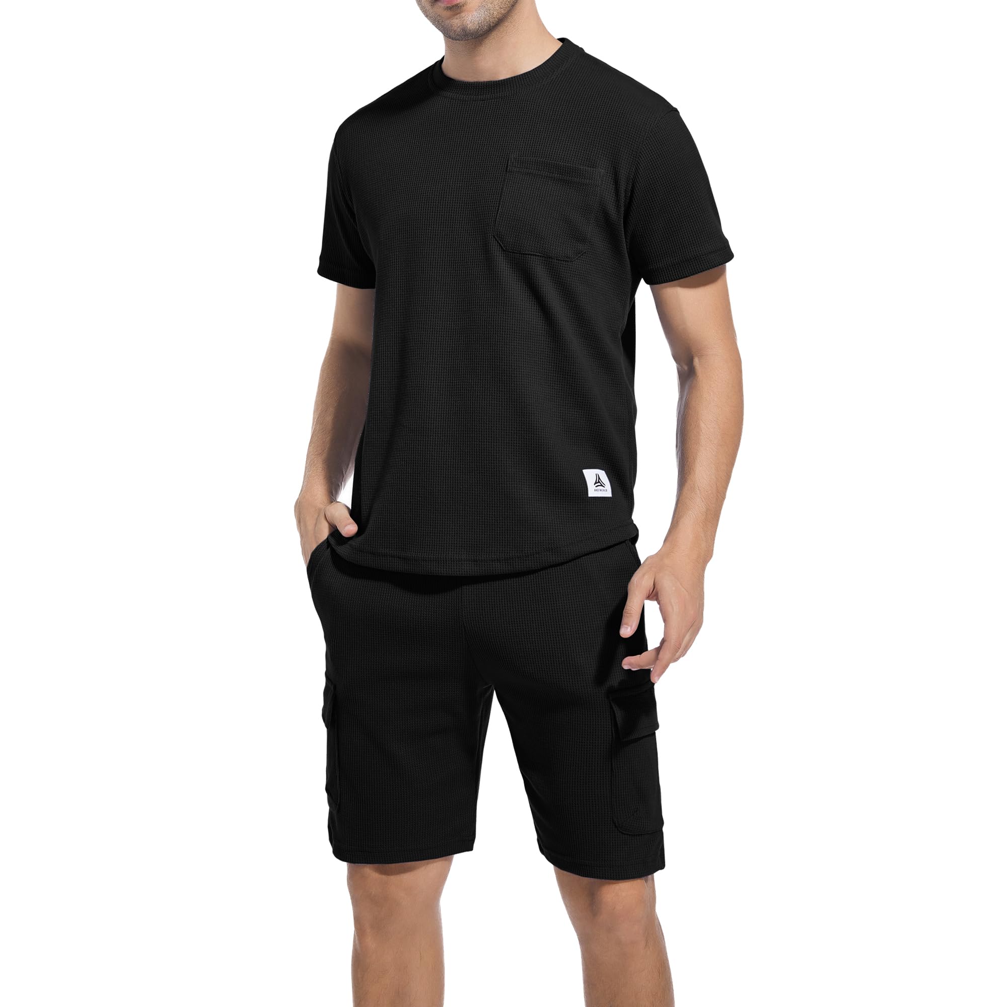 ANOTWENER Men's 2-Piece Summer Outfit - Casual Waffle Knit T-Shirt & Shorts Set for Beach Vacation, Pool Party, and Outdoor Activities