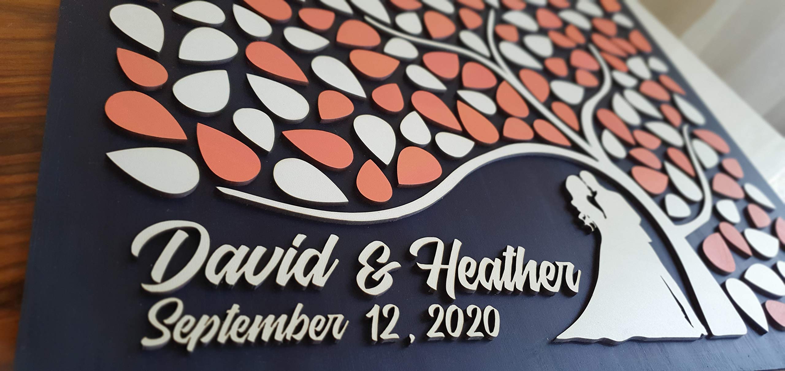 Custom Handmade 3D Wooden Wedding Guest Book - Personalized Tree & Hearts Design with 150 Leaves (Model 2) | Unique Alternative Guest Signing Idea for Weddings, Anniversaries & Special Events